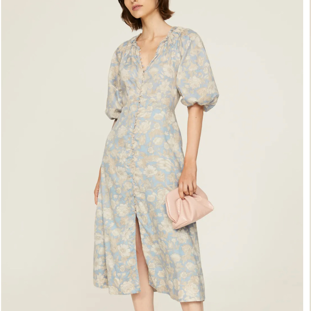 Rebecca Taylor Blue Floral Midi Dress SIZE 0 Cottage Cotton Prairie Button $500